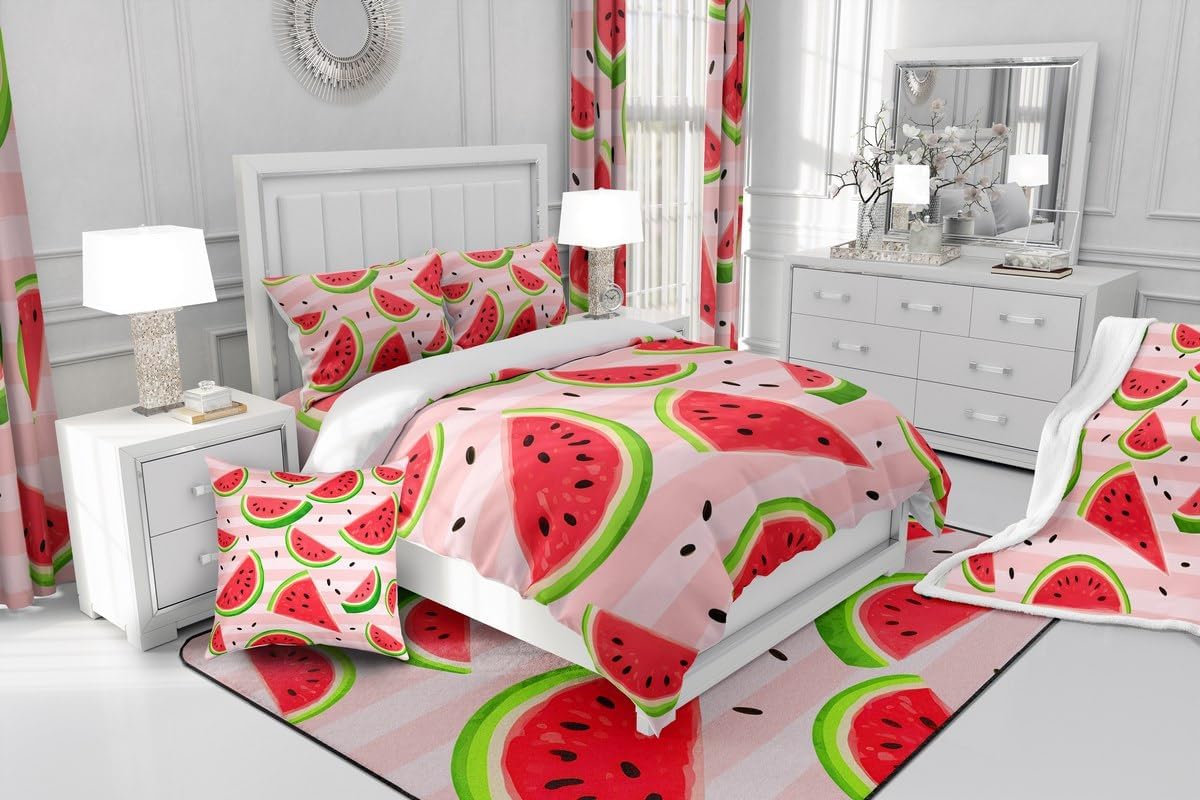 Feelyou Watermelon Fleece Throw Blanket for Girls Boys Kids Fresh Fruit Plush Blanket Pink Stripe Sherpa Blanket Summertime Fuzzy Blanket for Sofa Bed Couch,Throw 50x60 Inches
