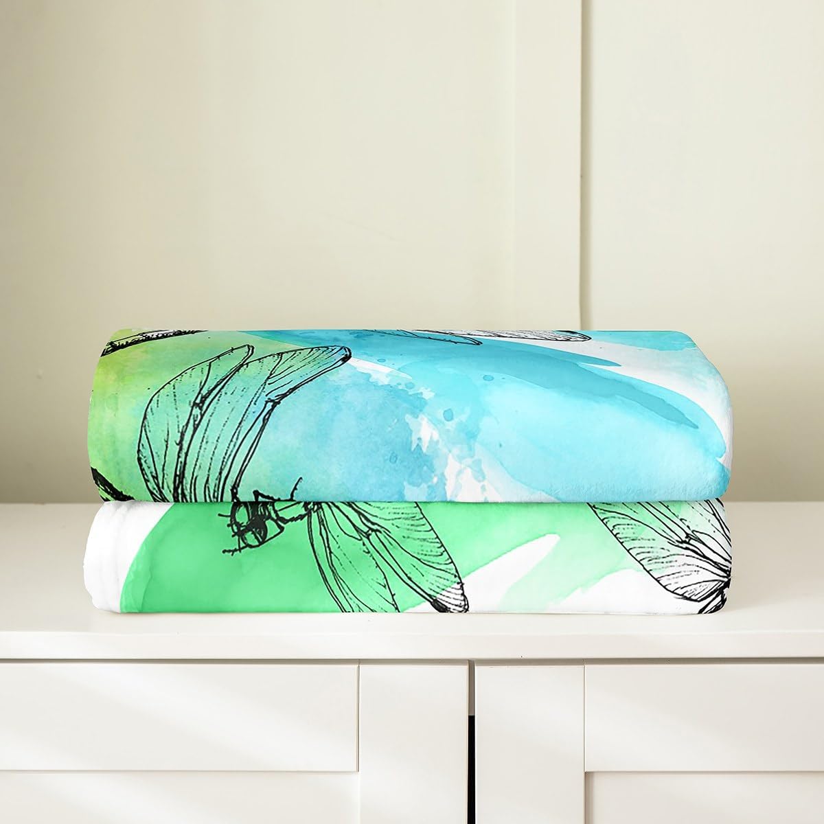 Kawaii Dragonfly Kids Flannel Fleece Throw Blanket Queen 90"x90" Gifts for Sofa Couch Women Fuzzy Blanket for Sofa Couch Animal Decor All Season Bed Blanket Blue Green Plush Blanket BedroomQuilt Cover