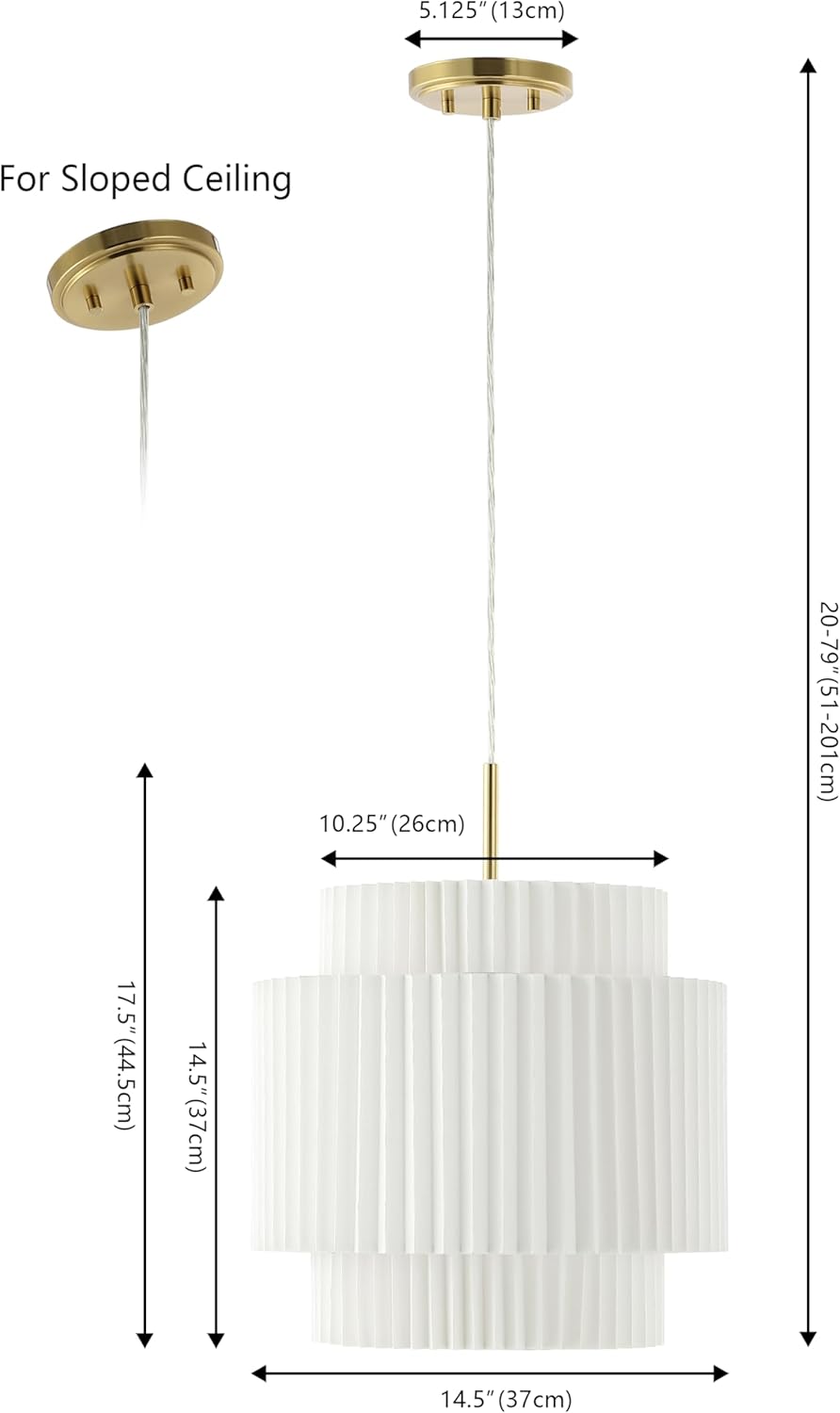 JONATHAN Y 14.5" Brass Gold and White 1-Light Iron Pendant Light, Vintage Mid-Century Modern with Pleated Linen Shade, Adjustable Height for Kitchen, LED Bulb Included JYL2408A