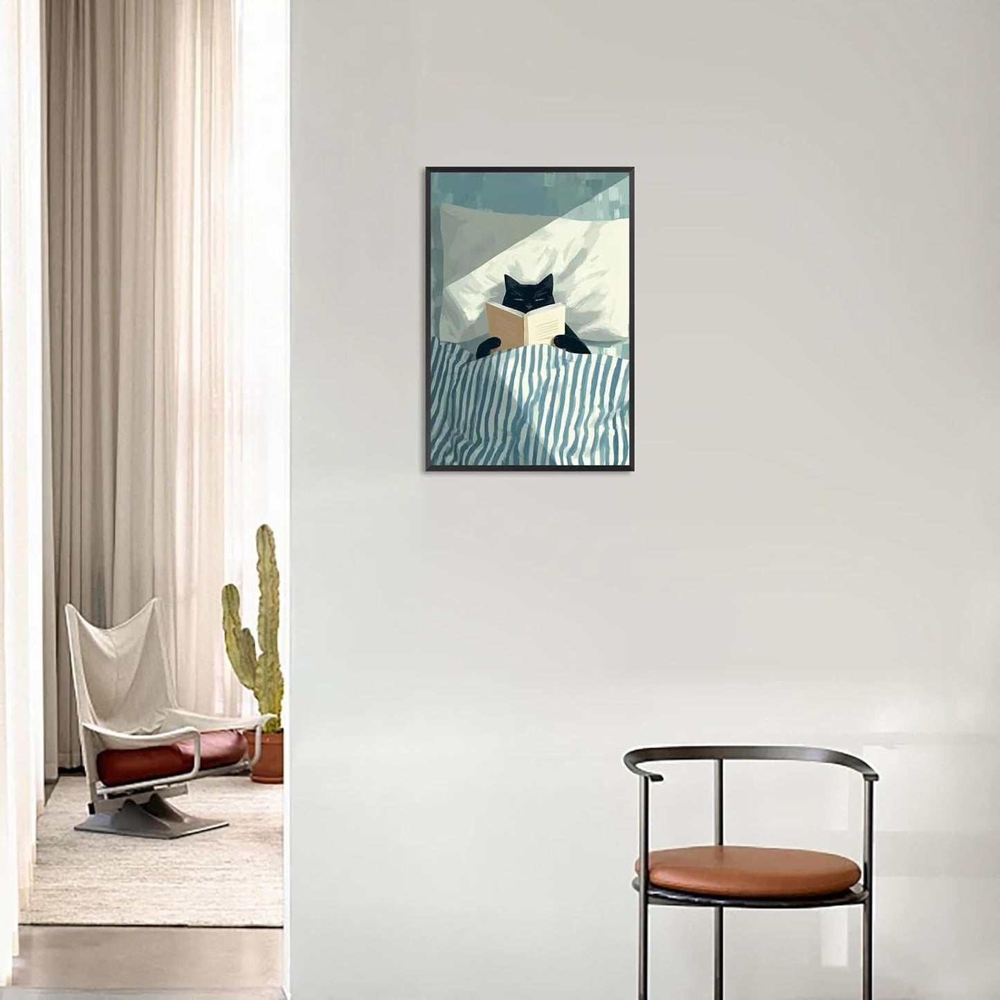 Funny Black Cat Reading Poster Trendy Animal In Bed Canvas wall art Minimalist abstract Pet Aesthetic watercolor Prints Painting For Living Room Bedroom Office Wall Decor 12x16in Unframed