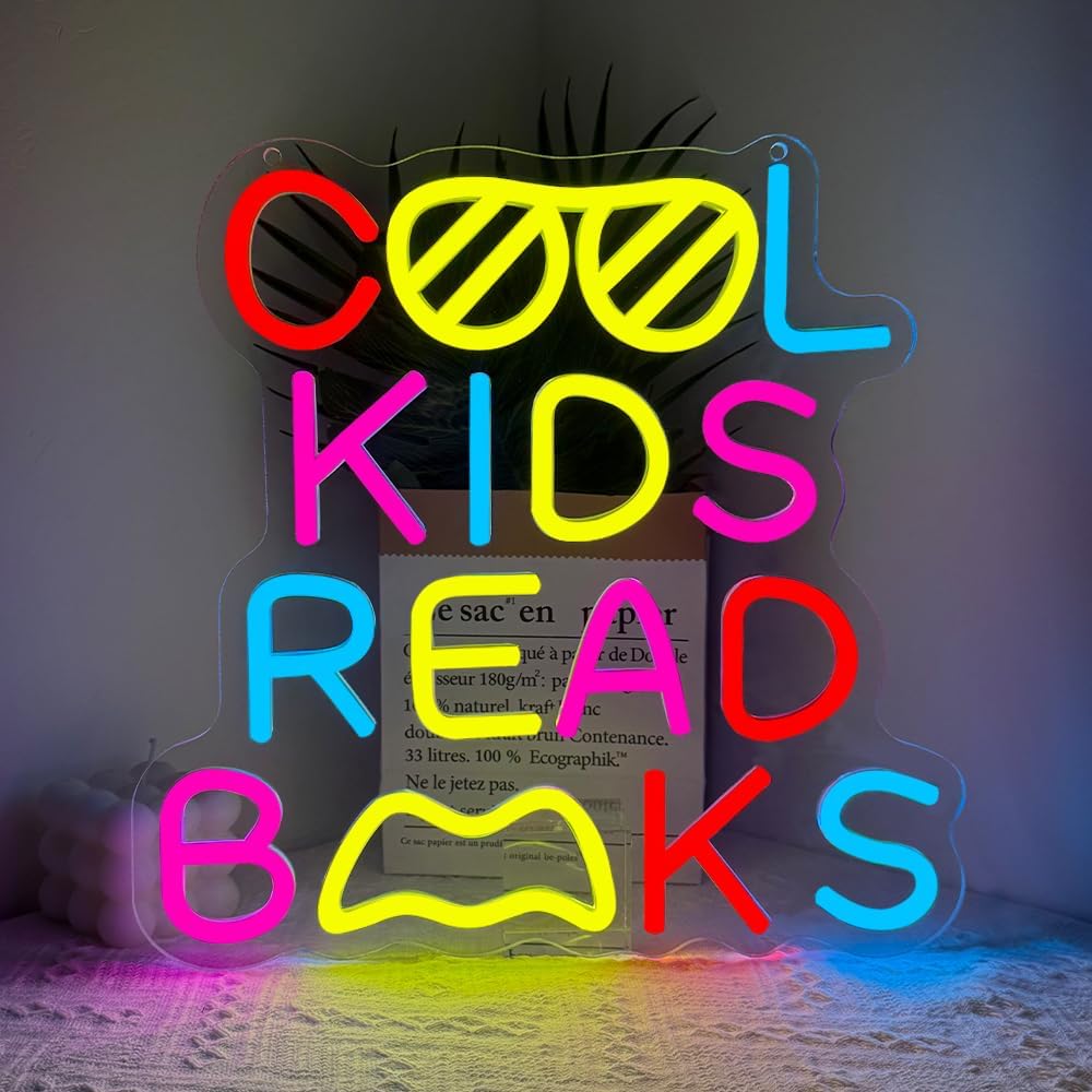 Cool Kids Read Books Neon Sign,Classroom Neon Sign Gift for Kids Teens,Reading LED Light Wall Decor for Library Reading Corner Bedroom Book Themed Party Decorations Study Room USB Powered（12.2"*12.1"）