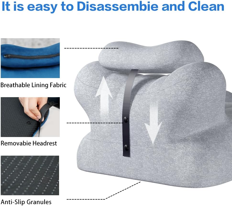Memory Foam Ergonomic Rest Pillow - Prone Pillow for Sleeping, Targeted Support for Back Pain, Acid Reflux and Sitting Up, Ideal for Massage, with Washable Cover (Light Grey)