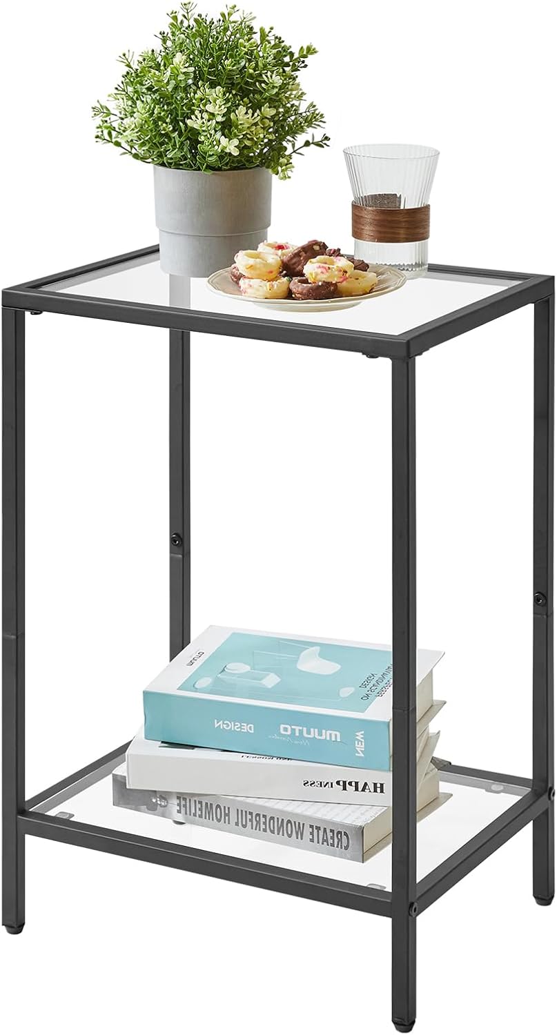 YMYNY Tempered Glass Side Table, 2 Tier End Table with Storage Shelves, Narrow Bedside Table, for Small Space in Living Room, Bedroom,Black, UHGD002B