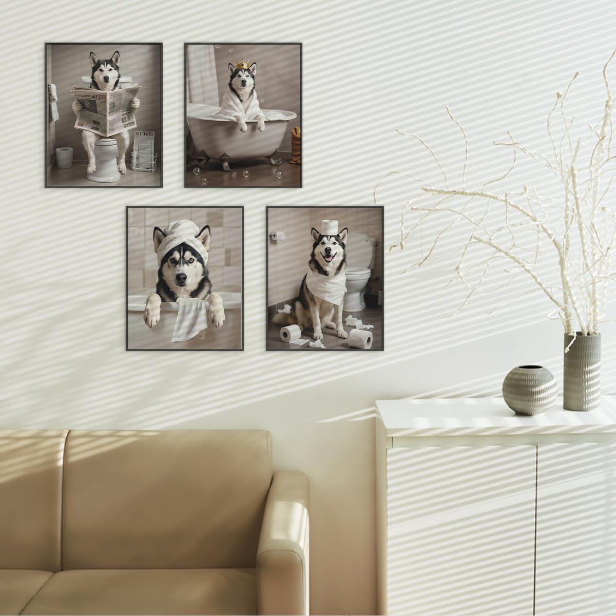 ETVISO Funny Husky Bathroom Decor Set of 4, Cute Dog Reading Newspaper Print Wall Art Decorations, Humorous Toilet Decor for Washroom or Restroom (12x16 Unframed)