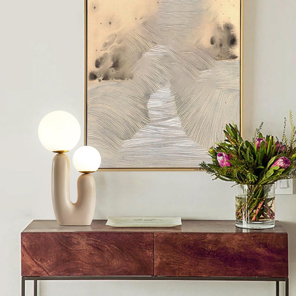 Meefad Modern Bedside Lamp, 2 Lights Table Lamp with Glass Shade, Globe Night Light for Bedroom Reading Nightstand, Beige