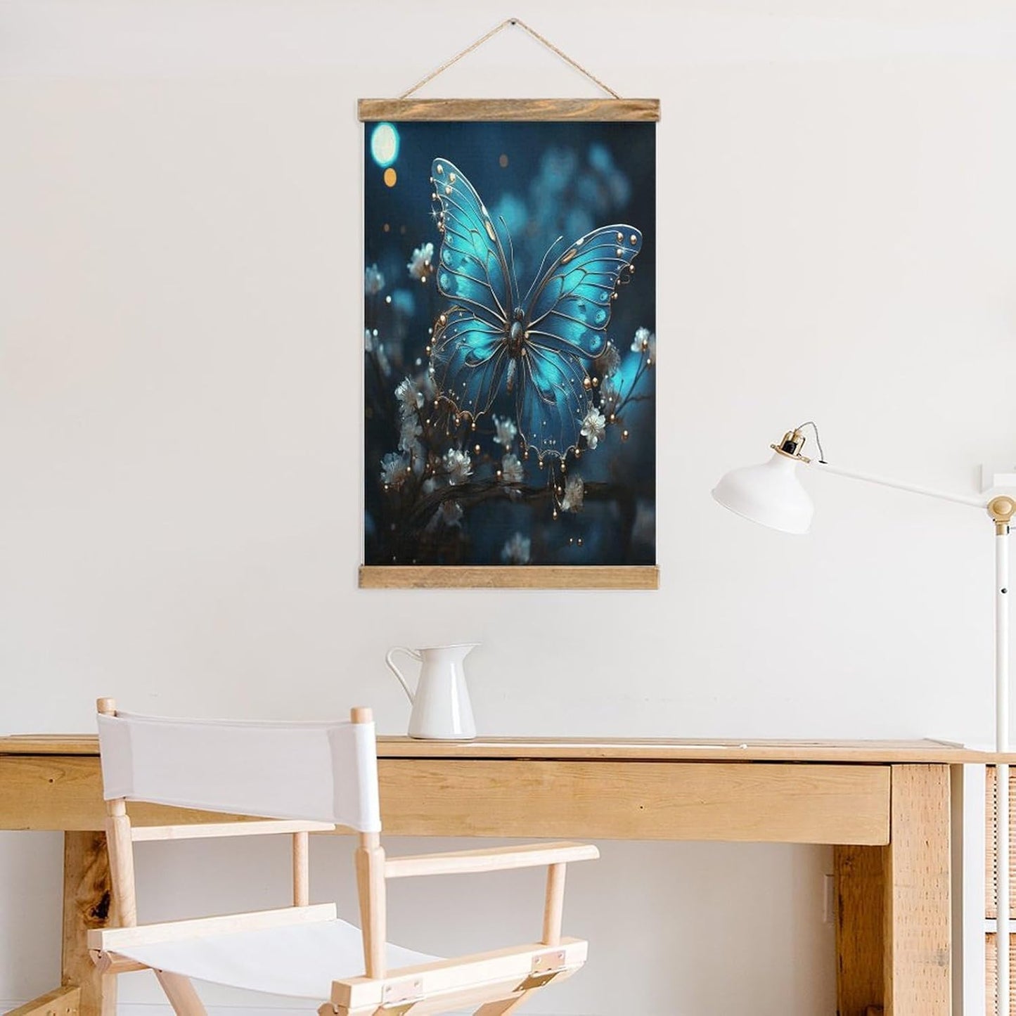 Vintage Blue Butterfly And Moon Poster with Wooden Frame Personalized Linen Hanging Scroll Painting Rustic Wall Hanging Illustrative Modern Artwork Decor for Home Living Room Bedroom Office