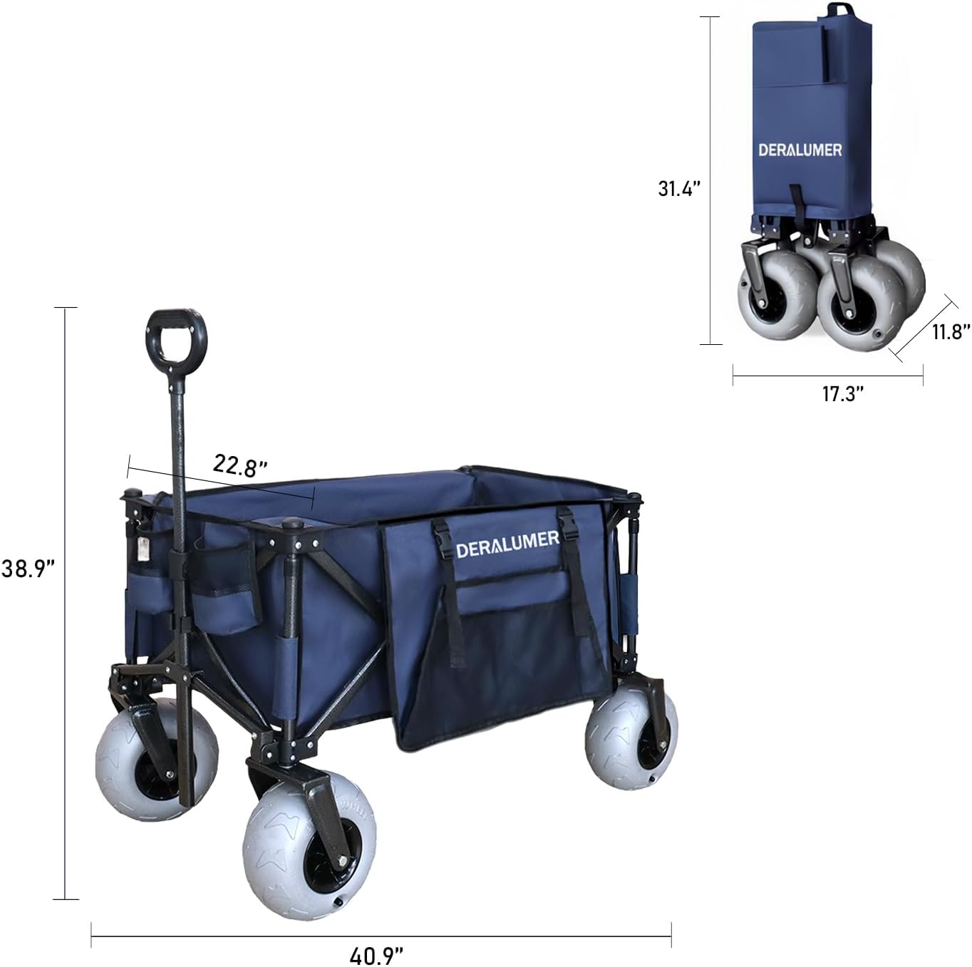 Beach Wagon with 9×4" Big Balloon Wheels for Sand, 35" Heavy Duty Folding Wagon with Side Bag, Collapsible Utility Cart for Beach, Camping, Garden & Outdoor (Navy Blue, X800 9×4" Balloon Wheels)