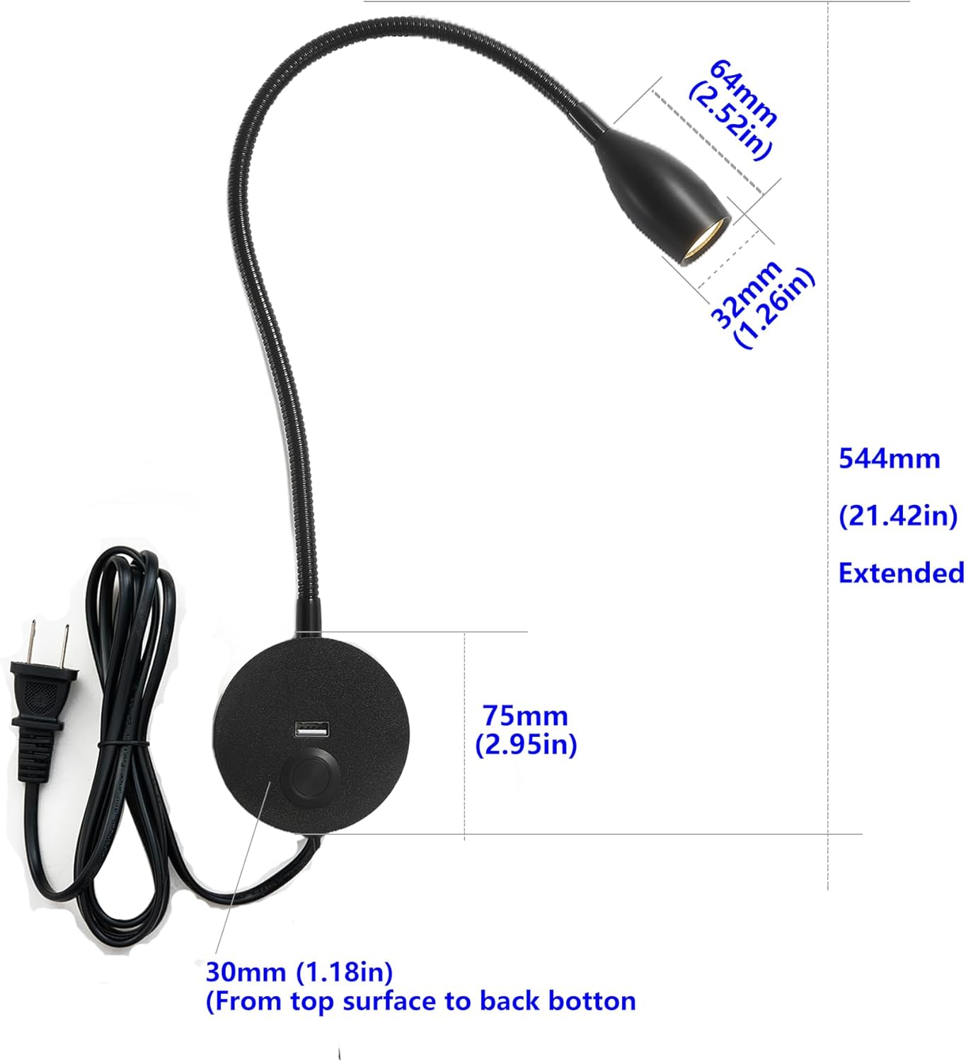 LED Wall Reading Light with USB Charging Port, Dimmable Gooseneck Bedside Lamp, Flexible Arm, 3W (Black, 120V Plug in, Warm White)