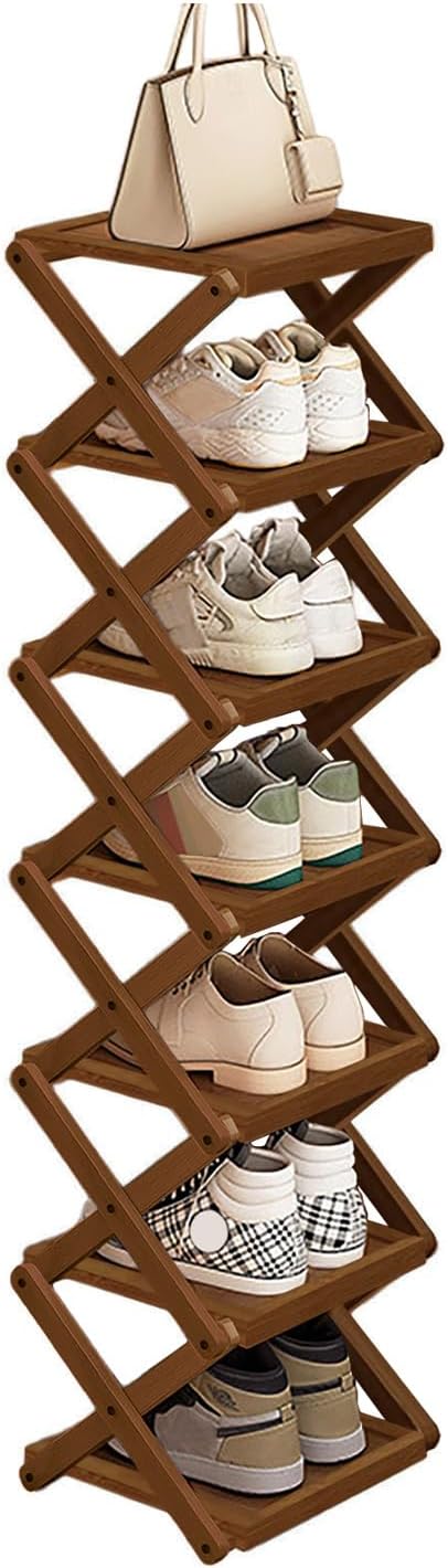 Simcat Bamboo Folding Shoe Rack for Entryway, Narrow Installation Free Dorm Closet Shoe Racks, Vertical Front Door Entrance Shoe Racks
