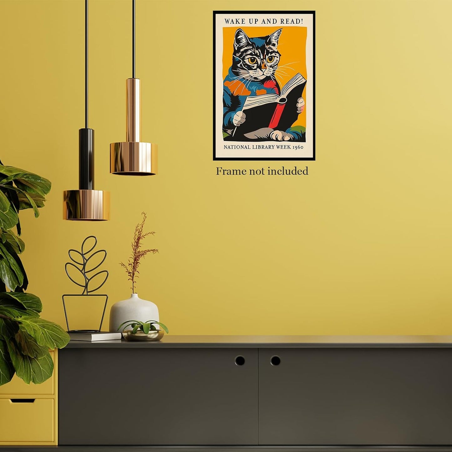 Vintage Cat and Book Poster Wall Art, Wake Up and Read Canvas, 1960 National Library Week Picture Prints Wall Decor for Book Lovers Bedroom 12x16 Inch Unframed