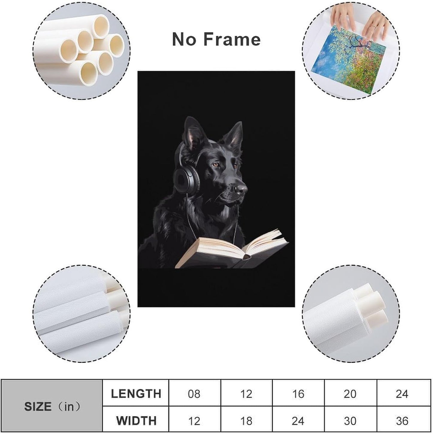 German Shepherd Wearing Headphones Reading Canvas Wall Art Print Artwork Picture Hanging Painting Modern Home Living Room Decor