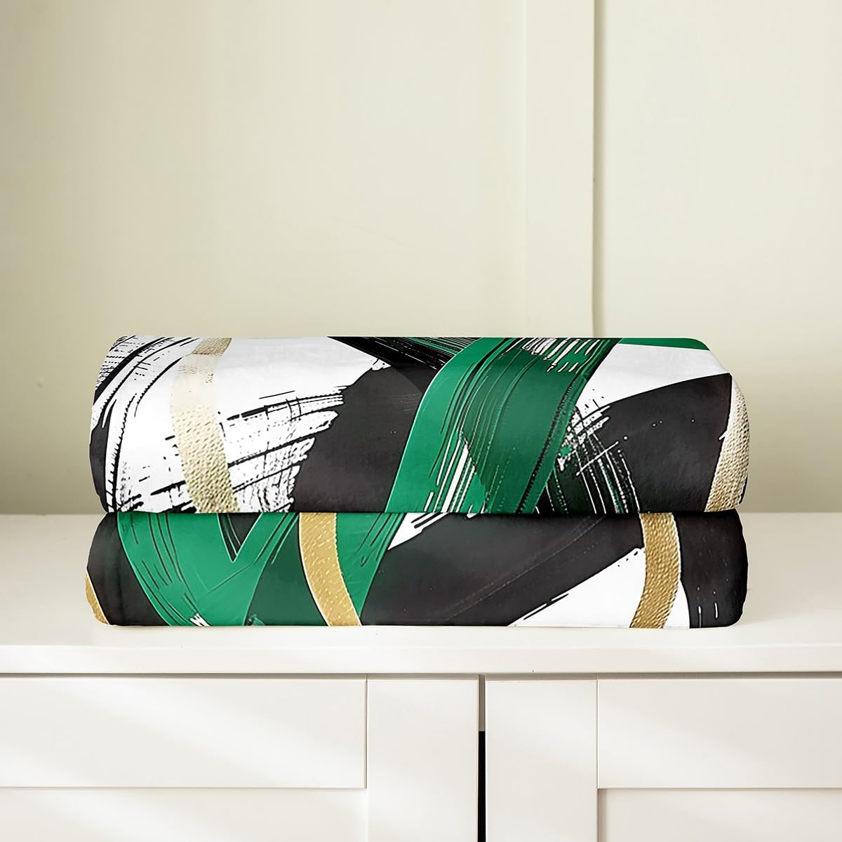 Green Black Gold Flannel Blanket Geometric Aesthetic Simple Throw Blanket Abstract Modern Line Cozy Throws for Bed Couch Sofa,Kids Boys Girls Room Decor,Soft and Breathable(50 x 60 Inches)