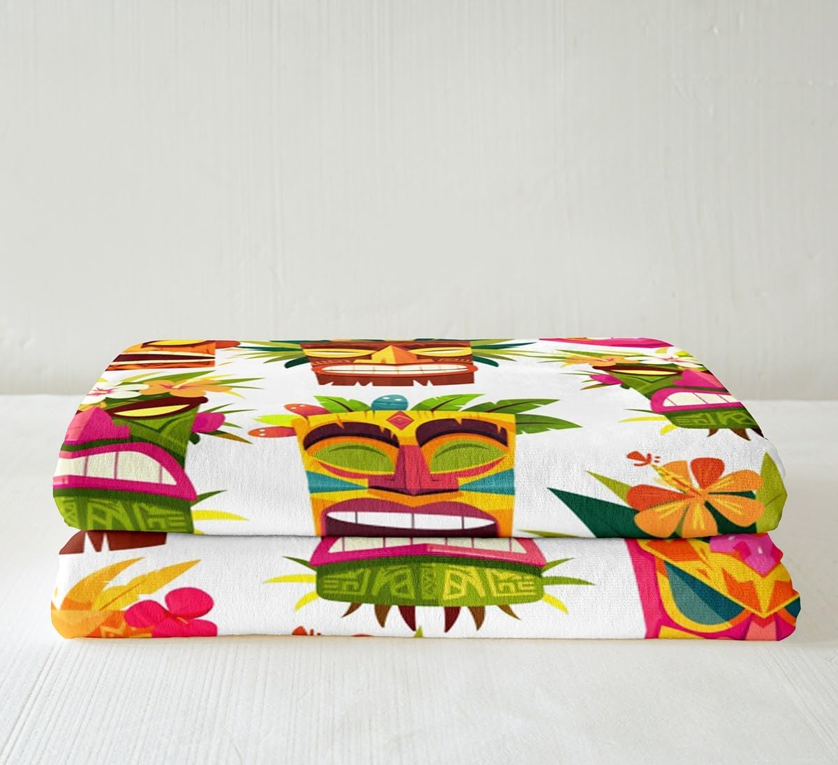 Tiki Bar Plush Blanket Retro Inspired Fleece Throw Blanket Hawaiian Party Sherpa Blanket for Kids Boys Girls Cute Colorful Tiki Pattern Fuzzy Blanket for Sofa Bed Couch, Room Decor Twin 60x80 Inch
