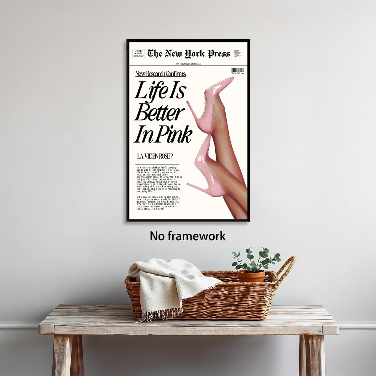 Vintage Baby Pink Newspaper Wall Art Retro News Headline Poster Trendy Preppy Girl Aesthetic Decor for Bedroom Apartment Dorm Life is Better in Pink Canvas Print Picture 12x18inch Unframed