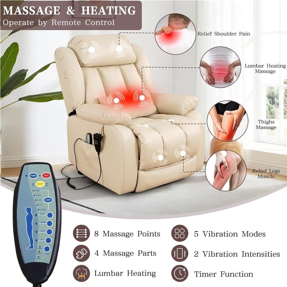 Dual Motor Infinite Position Power Lift Recliner Chair with Heating Massage and Extended Footrest for Adults Adjustable Lay Flat Recliner Leather Upholstery with Lumbar Support