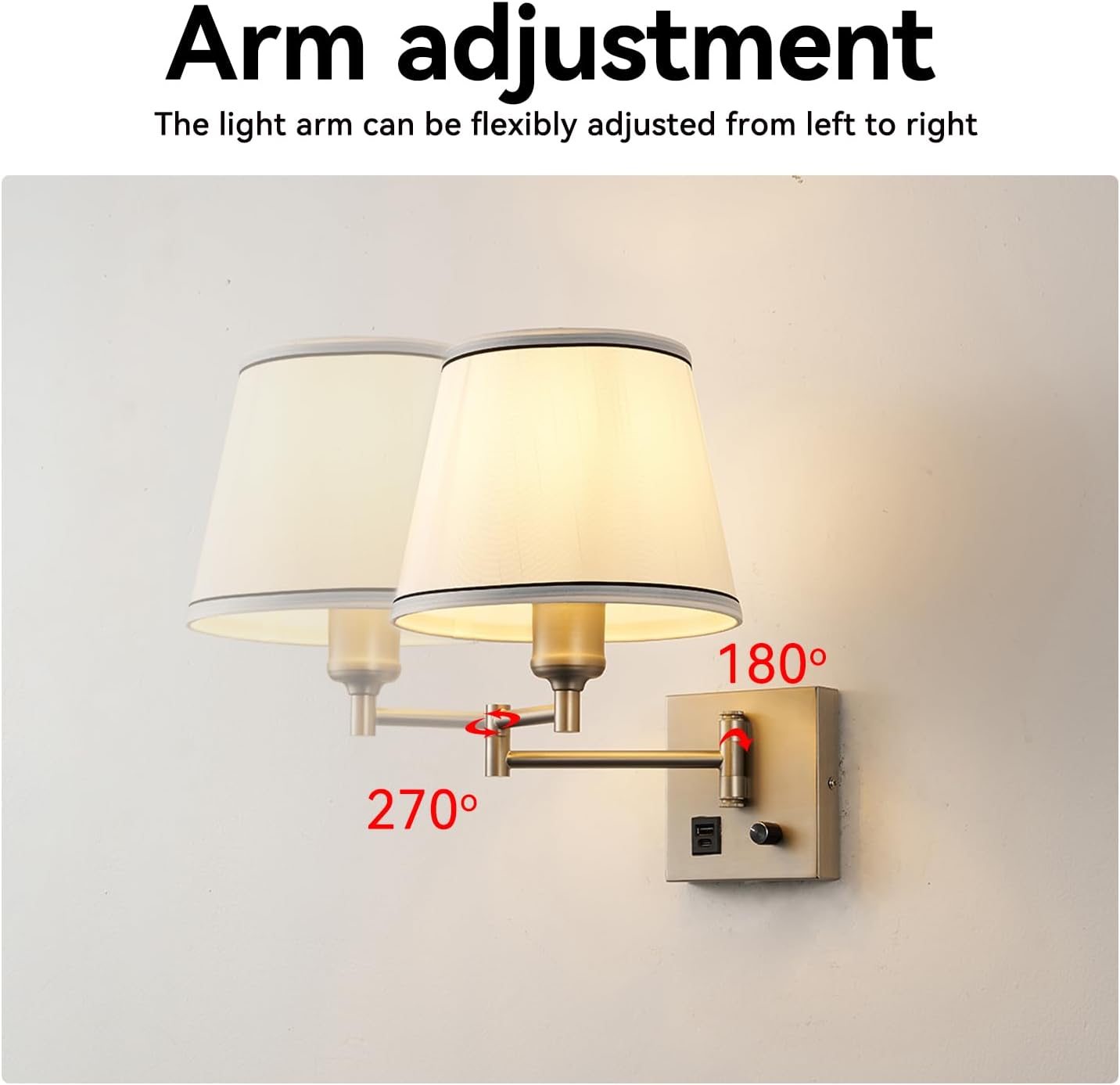 Swing Arm Wall Lamp with Type-C and USB Charging Port Wall Mounted Lamp with Dimmable Switch Plug in Wall Sconces White Fabric Shade Perfect for Bedside Living Room Reading Nook Office Satin Nickel