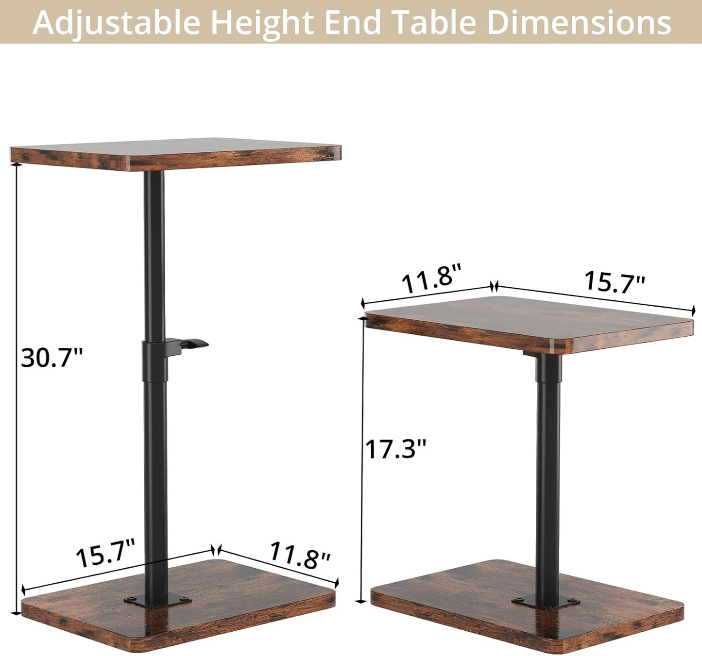 TV Trays for Eating on Couch - Height Adjustable C Shaped End Table with 360° Swivel, Slide Under Sofa Side Table for Small Spaces, Snack Table for Bed Chair Living Room Bedroom Laptop, Rustic Brown