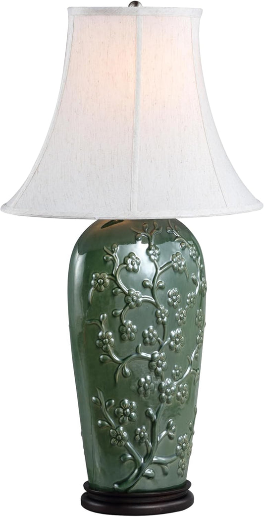 Aspen Creative 40013, 33 1/2" High Traditional Ceramic Table Lamp, Green with Dark Brown Wood Base and Oval Bell Shaped Lamp Shade in Off White, 20" x 11" Wide