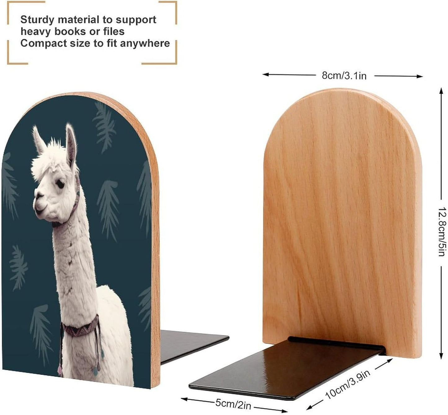 Alpaca Llama Bookends 1 Pair Heavy Duty Book Ends for Shelves Non-Skid Bookend Supports Wooden Book Holders with Metal Base Desk Organizers Books Storage to Hold Books