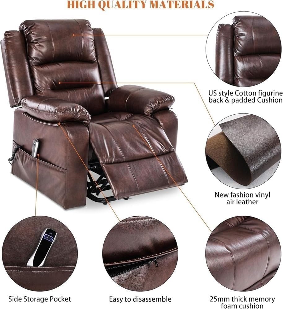 Electric Power Lift Recliner Chair Heavy Duty with Full Grain Leather Adjustable Positions Side Storage Pockets Comfortable Sofa for Elderly Home Living Room and Relaxation