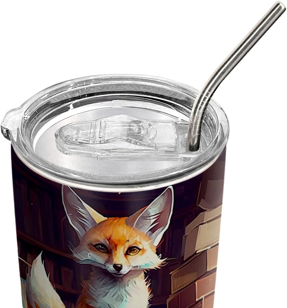 20oz Book Fox Tumbler, Librarian, Reading Gifts for Fox Lovers, Anniversary, Birthday Gifts, Coffee Tumbler for Women, Stainless Steel Double Wall Vacuum Insulated Coffee Mug, Travel Cup with Lid