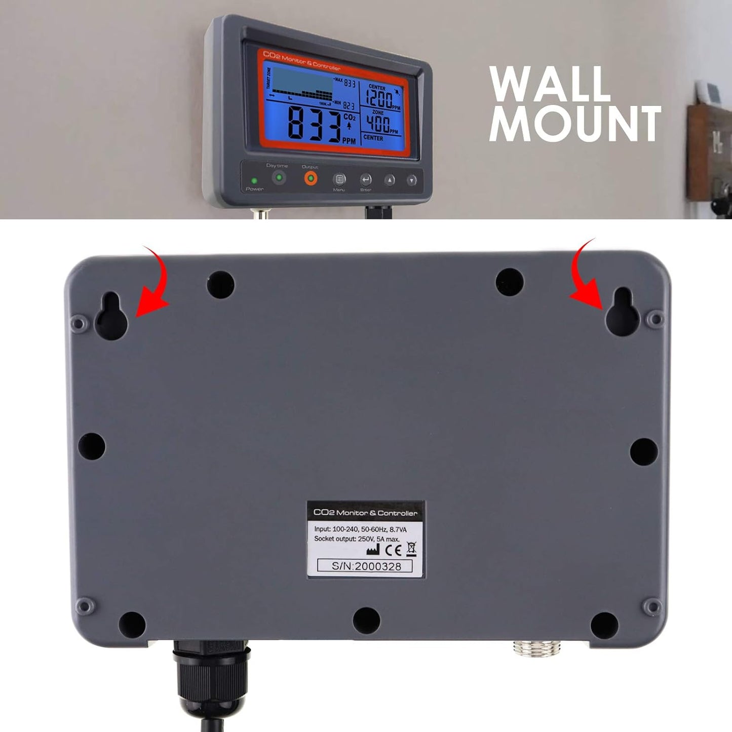 CO2 Controller Carbon Dioxide Controller CO2 Meter Monitor with Relay Function 4.5m Cable NDIR Carbon Dioxide Sensor Probe for Grow Room, Plant, Grow Tent, Greenhouse, Garden, Indoor