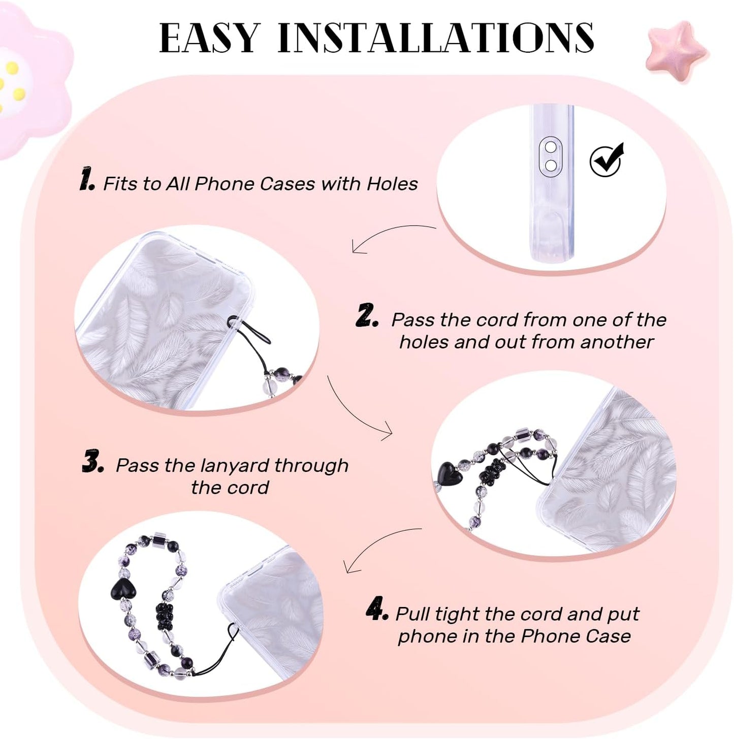 4 PCS Cute Phone Charms Aesthetic Y2K Cellphone Wrist Strap Bedazzling Bear Bow Butterfly Heart Star Flower Accessories Pink Beaded Anti-Theft Chain String for Bag Keychain Airpods Decor