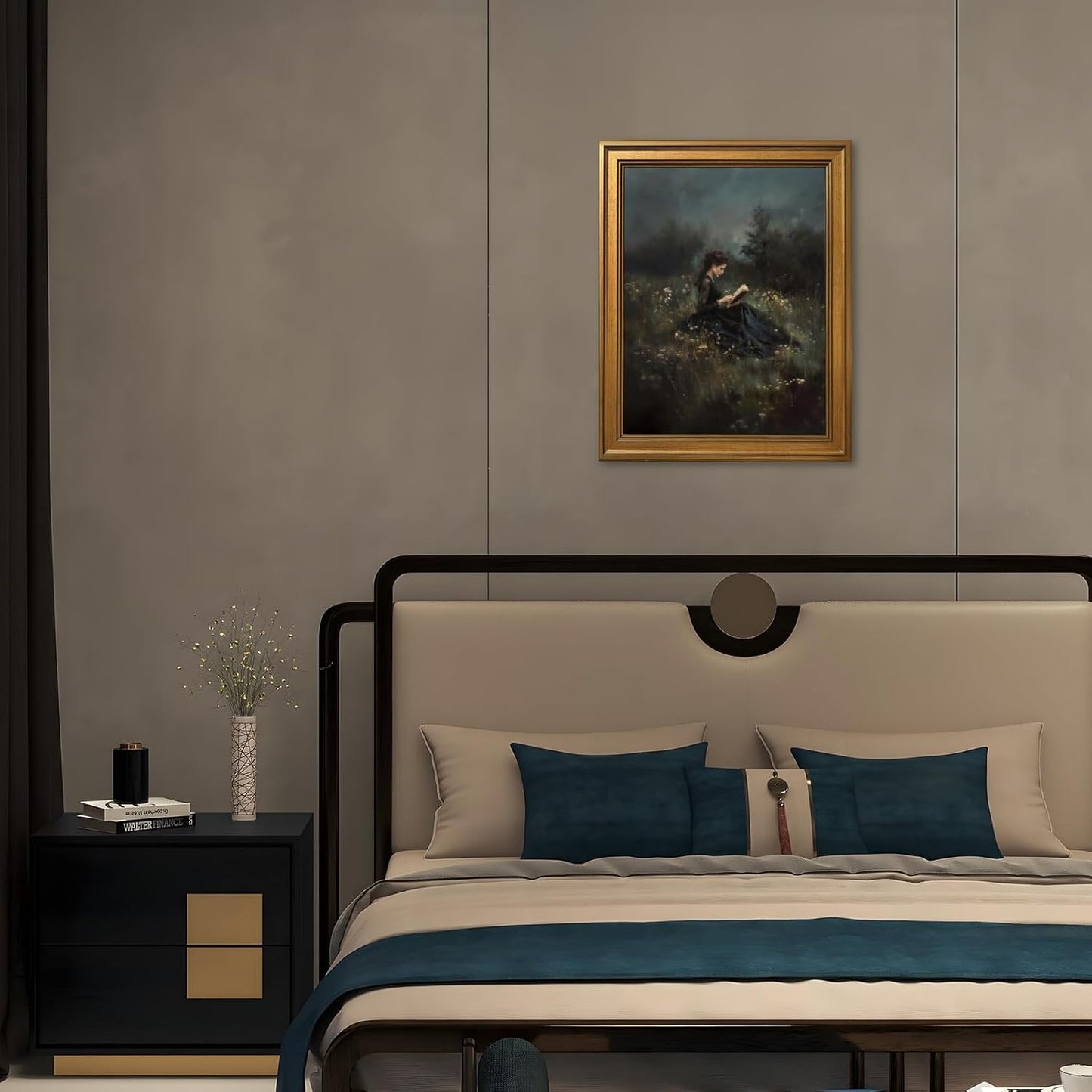 PMKXFGK Large Framed Wall Art Woman Reading in Field Poster Canvas Print Vintage Gothic Aesthetic Painting Dark Academic Pictures Wall Decor for Living Room Bedroom Apartment 24x36inch Golden Frame