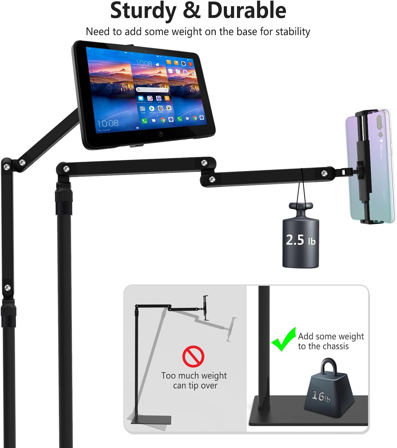 Tablet Floor Stand Adjustable, iPad Floor Stand Adjustable with Heavy Duty Base for 4.7''-16'', Compatible with iPhone iPad Pro Air Mini, Tablet