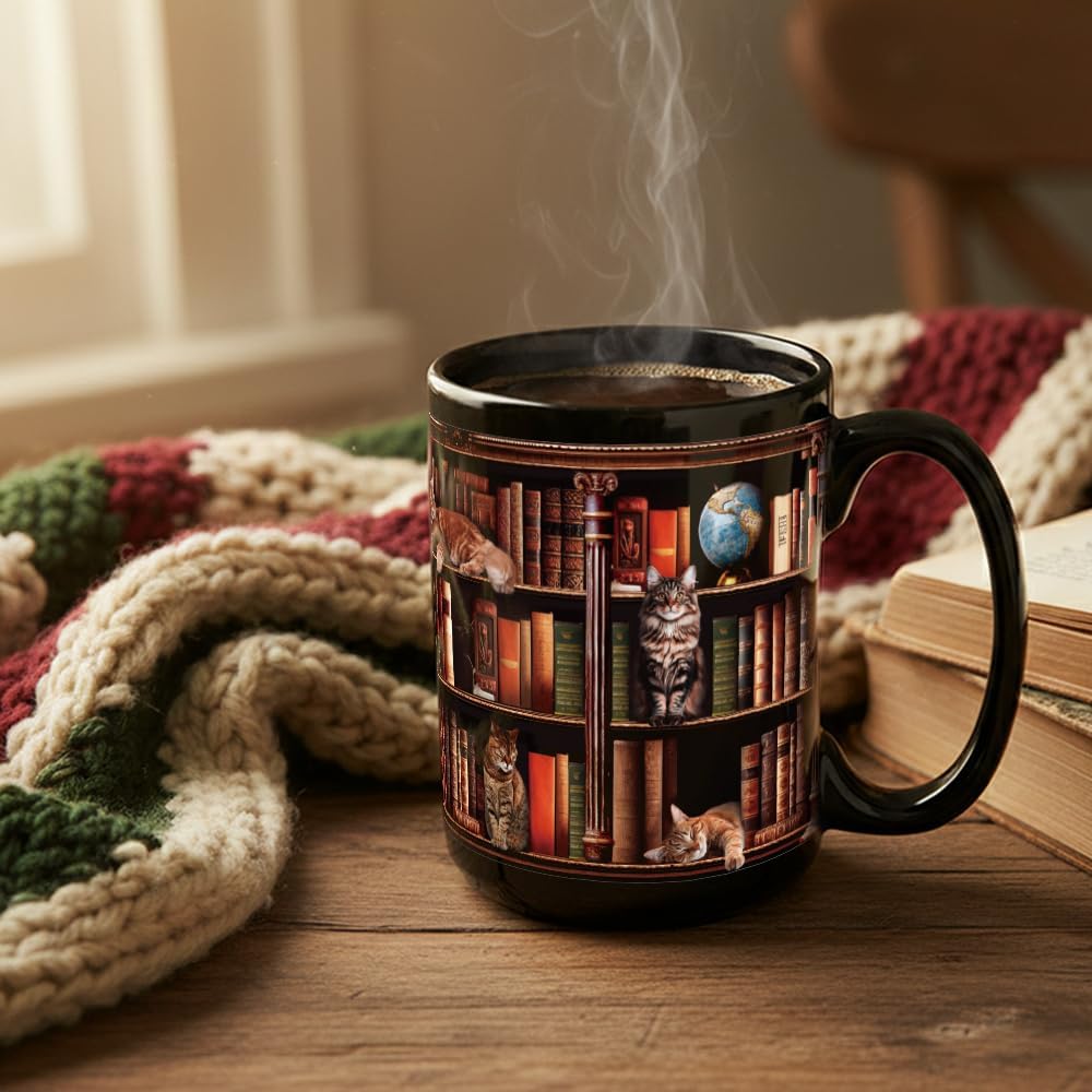 Cat Book Mug Gifts for Book Lovers, Book Lover Bookish Gifts for Readers Bookworm Women 15oz, Library Bookshelf Mug, Bookish Gifts for Librarian, Birthday Gift Idea for Cat Lovers