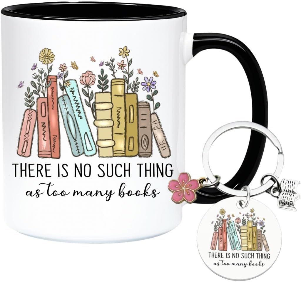 Book Lovers Coffee Mug with Gift Keychain,There is No Such Thing As too Many Books Coffee Cup, 11 Oz Reader Water Mug for Reading Lovers Bookworm Books Lover Woman Gifts (Black)