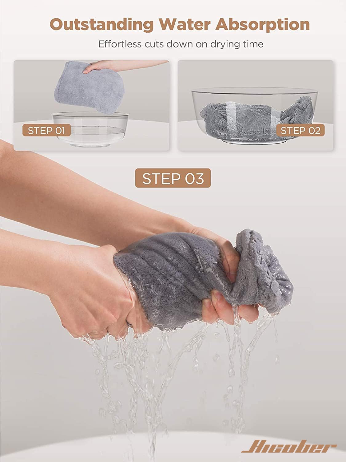 Hicober Microfiber Hair Towel Wrap, Fast Drying Hair Towels for Women, Soft Lightweight Quick Dry Turban for Curly & Long Hair–3 Pack(Blue/Grey/Pink)