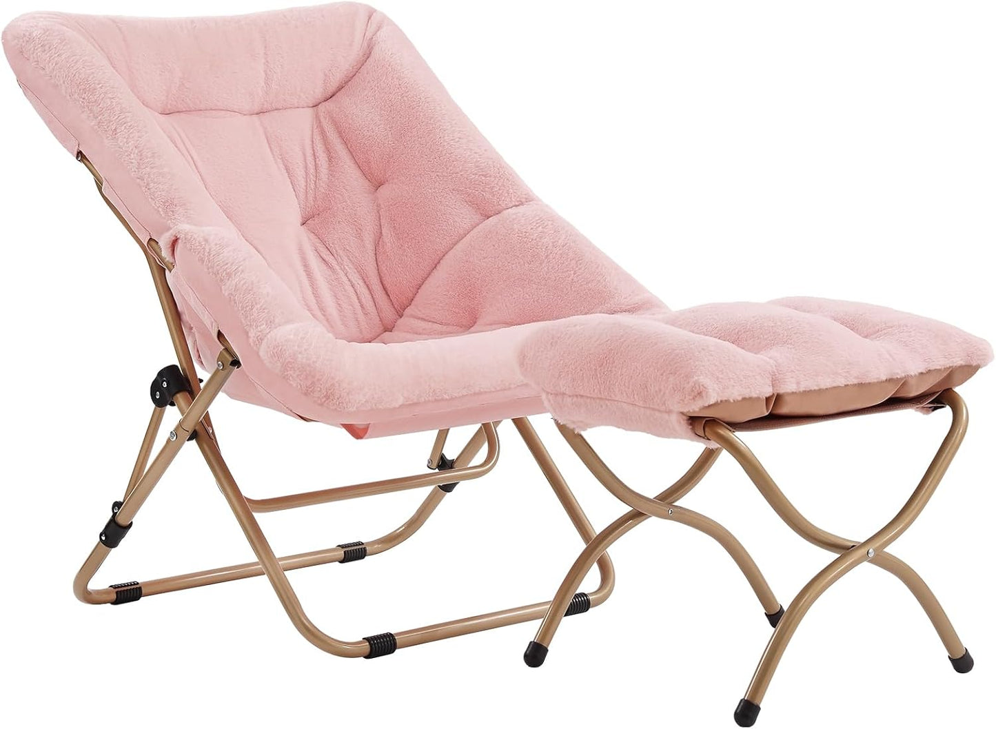 Tiita Folded Chair with Ottoman, Soft Faux Fur Oversized Folding Accent Chair,Lazy Chair, Metal Frame Moon Chair for Bedroom, Living Room, Dorm Rooms, Garden and Courtyard