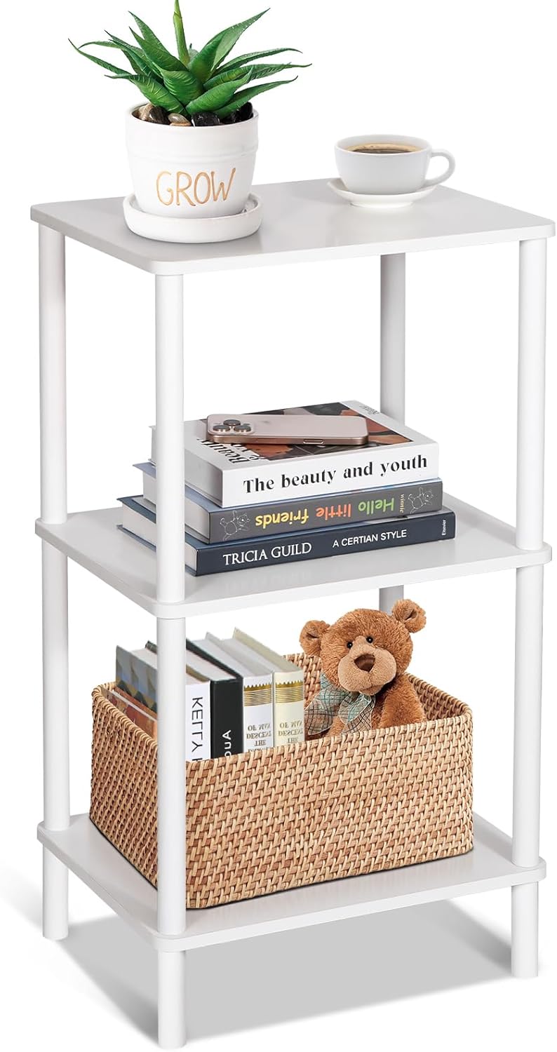 YGYQZ 3 Tier White Side Table ，Small End Table with Solid Wood Legs，28' Tall Bedside Table with Storage Shelf，Nightstand for Small Spaces，Living Room,Bedroom，Bathroom,No Tool Installation