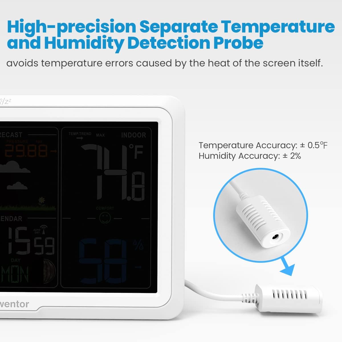 Newentor Weather Station Wireless Indoor Outdoor, 7.5in Display Atomic Clock, Inside Outside Thermometer and Hygrometer with Weather Alert, Barometer and Weather Forecast, Time and Calendar, White