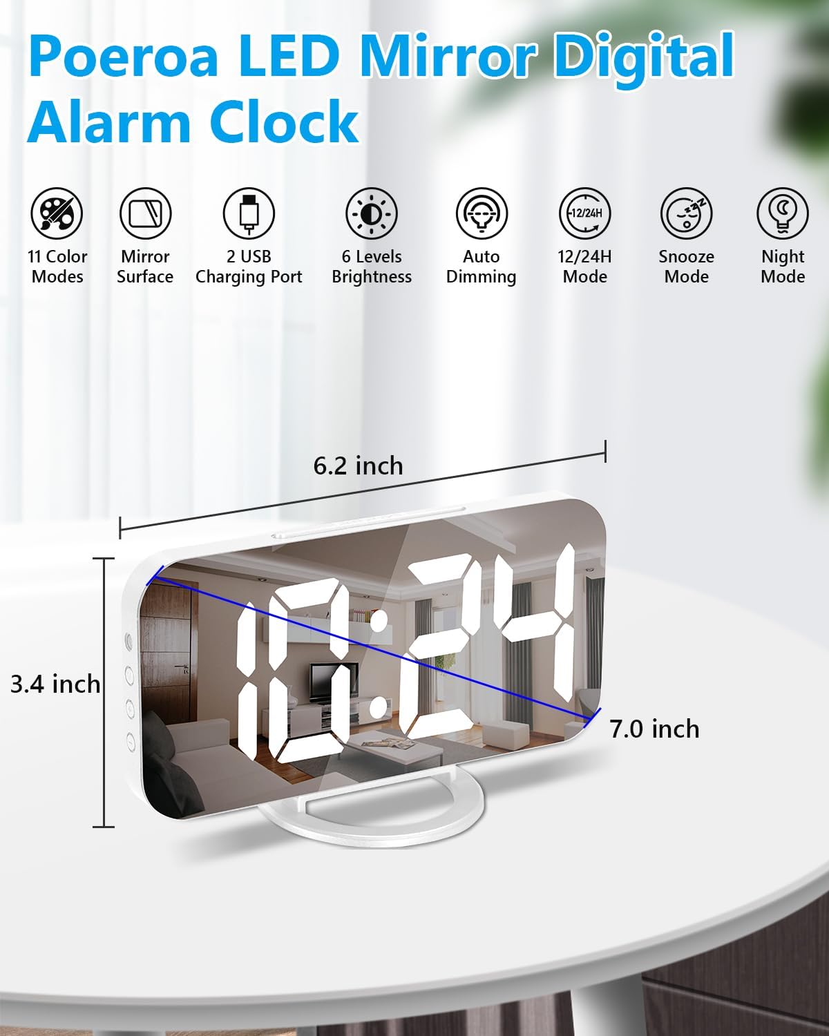 Poeroa Digital Alarm Clock,7" LED Mirror Electronic Clocks,with 2 USB Charging Ports,Snooze Mode,Auto Adjust Brightness,Modern Desk Wall Clocks for Bedrooms Living Room Office - White