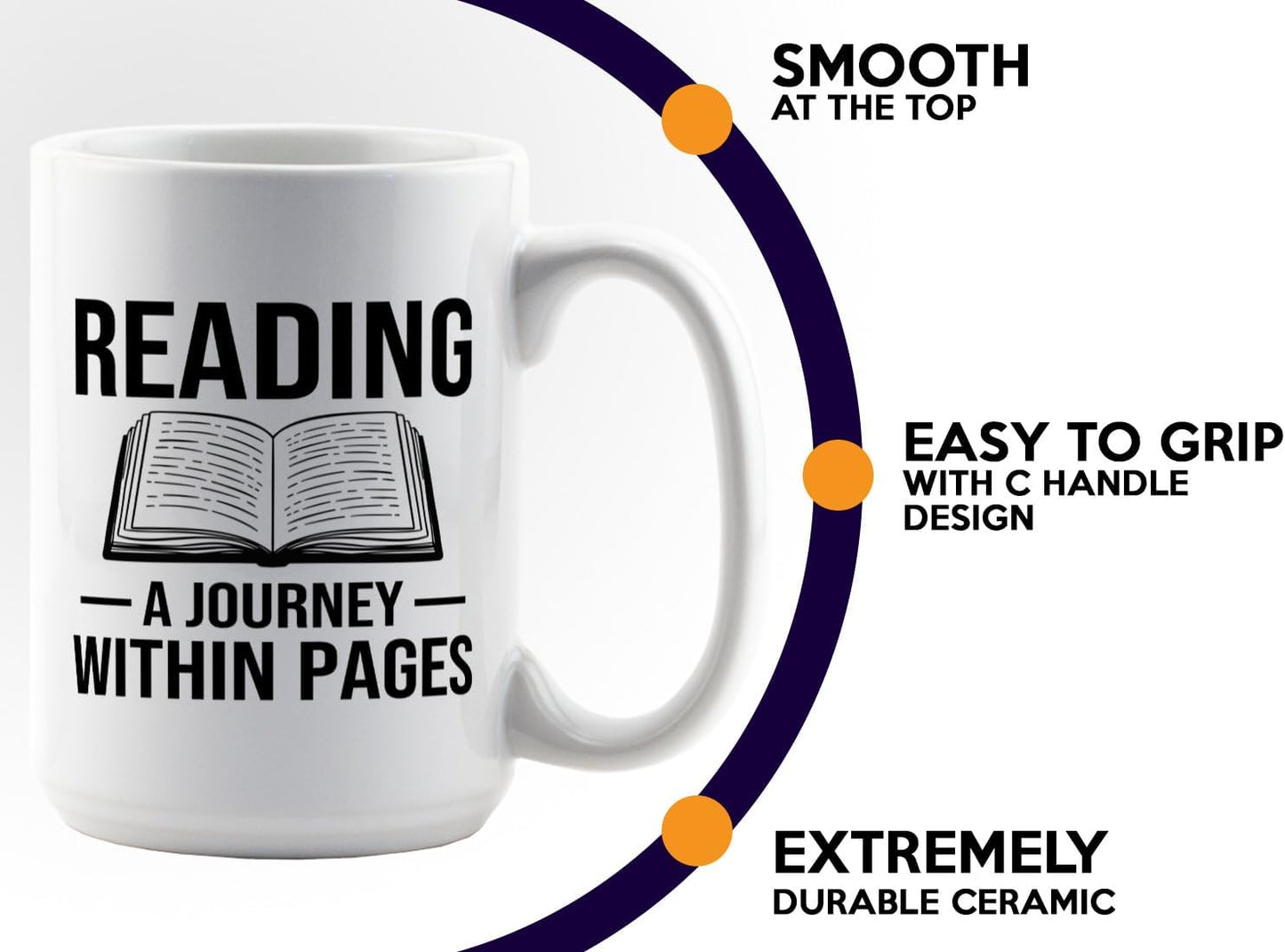 Book Lover Coffee Mug 15oz White -Reading A Journey - Bookworm Literature Library Book Lover Reader Booked Editor Intellectual Studious