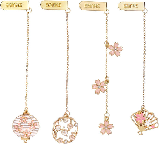 Metal Bookmarks for Women, Cute Japanese Cherry Blossom Bookmark Set of 4 with Chain, Pretty Floral Book Marks, Fancy Reading Accessories and Bookish Gifts for Book Lovers