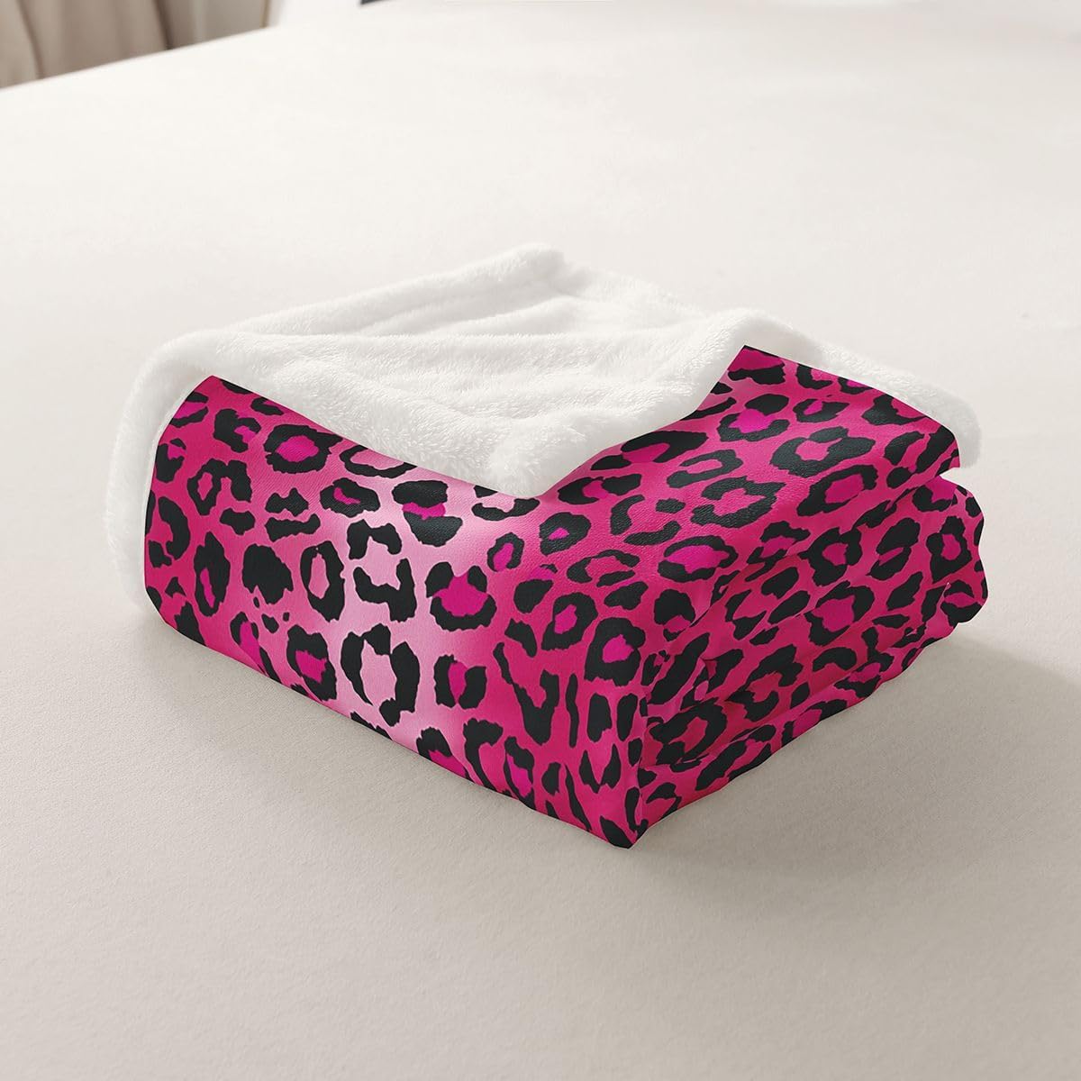 Feelyou Leopard Print Sherpa Blanket, 50x60 Inch, Pink, Animal Print, Microfiber, Throw Blanket, Modern, Unique Design, Multi-purpose, Heavy Weight, Suitable for Reading, Napping, Camping, Travel