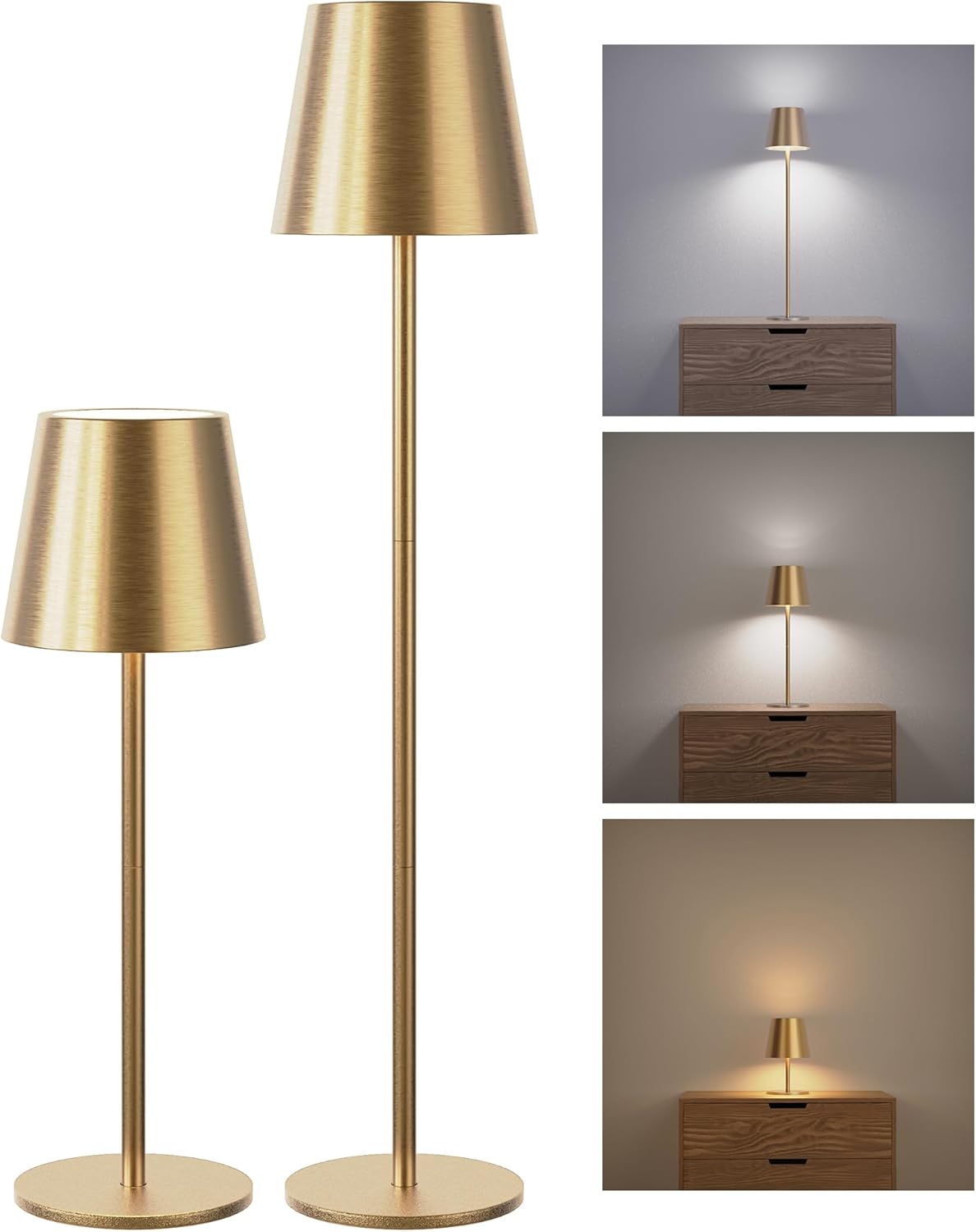 JACKYLED Cordless Table Lamps Rechargeable, 3 Adjustable Height, 5000mAh Battery Operated, 3 Colors Smooth Dimming, Portable LED Waterproof Gold Lamp for Dining, Bedroom, Outdoor (2 Pack)