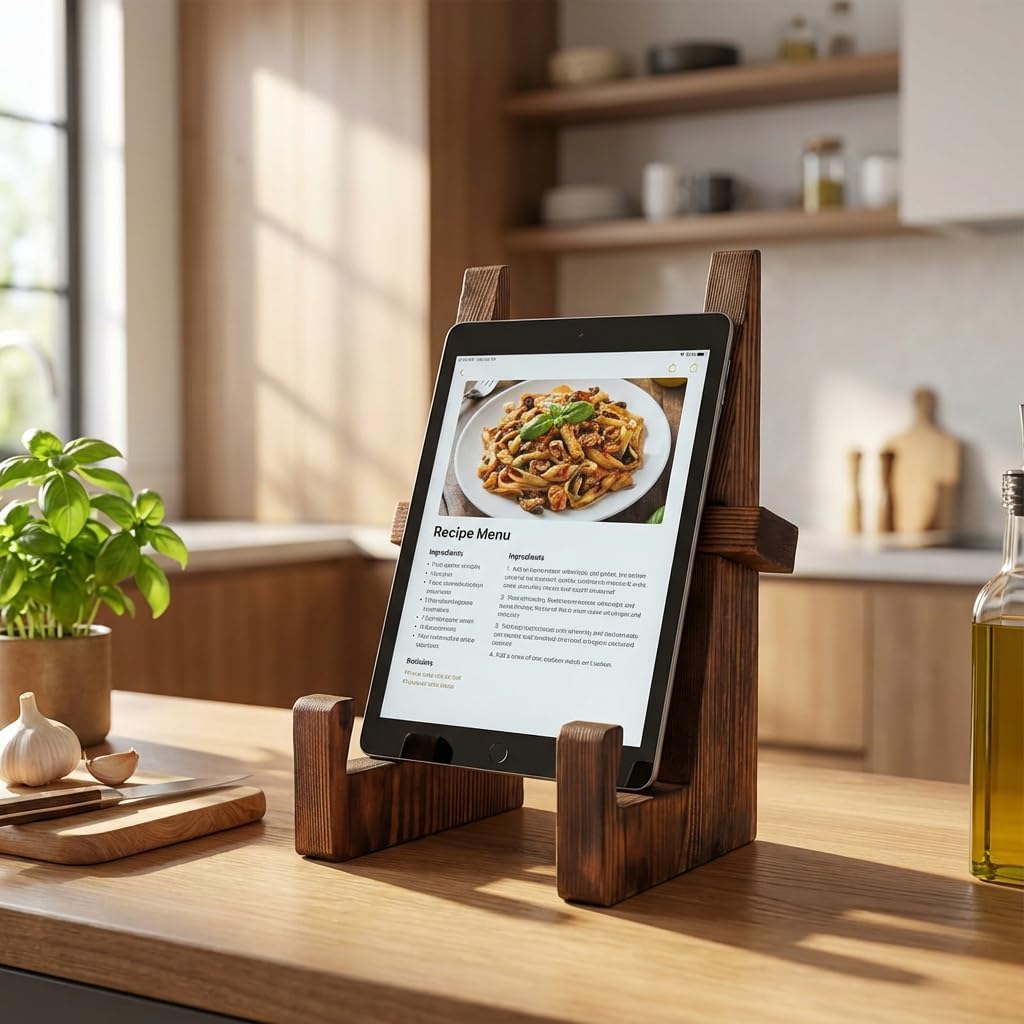 Wooden Cookbook Stand for Kitchen Counter – Rustic Farmhouse Recipe Holder & Tablet Display – Portable Cross-Type Book Rest for Thick Textbooks, Bibles, and iPads with Deep Ledge