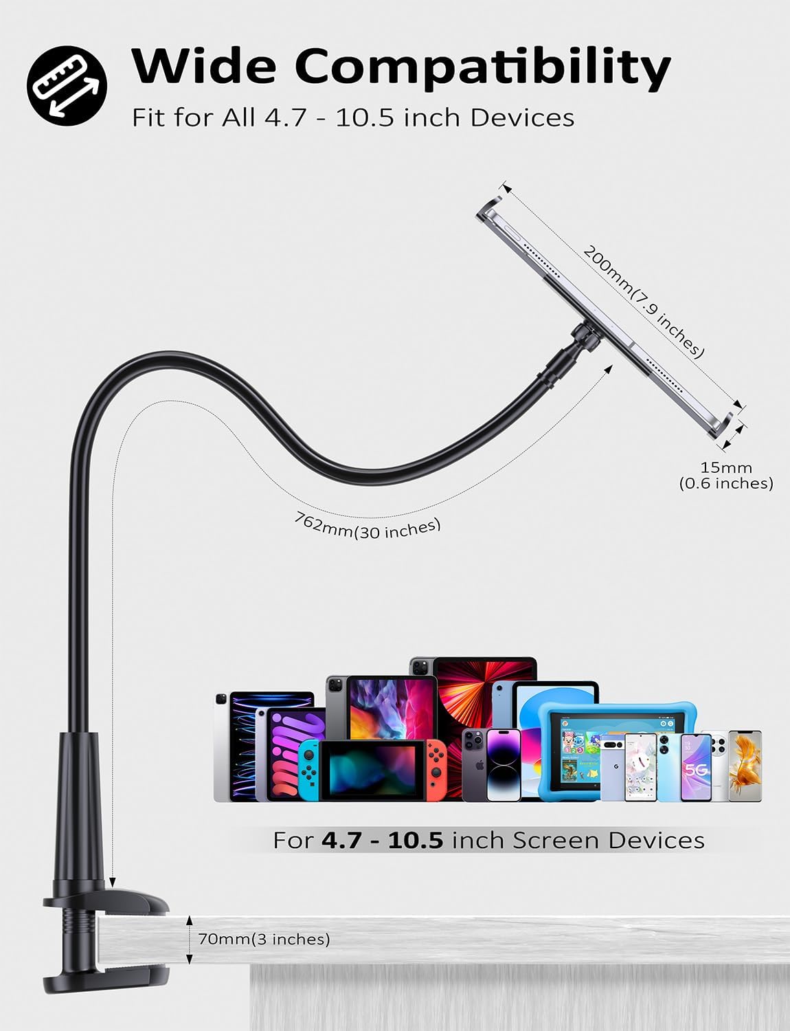 Tryone Gooseneck Kindle&Tablet Holder for Bed Hands-Free Reading on Bed Headboard for iPad, Kindle, and Switch, Flexible 30in Al-Mg Alloy Clamp Arm Stand for Tablets 4.7-10.5 in, Phone - Black - 30in