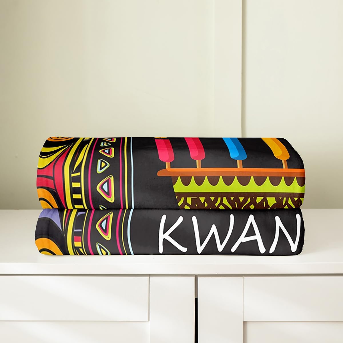 Happy Kwanzaa Sherpa Blanket Throw Size Kinara Set for Bed Couch Unity Cup Warm Soft Fleece Rustic Aztec Geometric Flannel Black Candle Holder