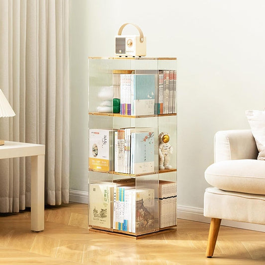 Transparent Acrylic & Bamboo 360° Rotating Bookcase - 3/4/5 Tier Bookshelf for Bedroom, Living Room, Study Room - Stylish Storage Solution (3 Tier)