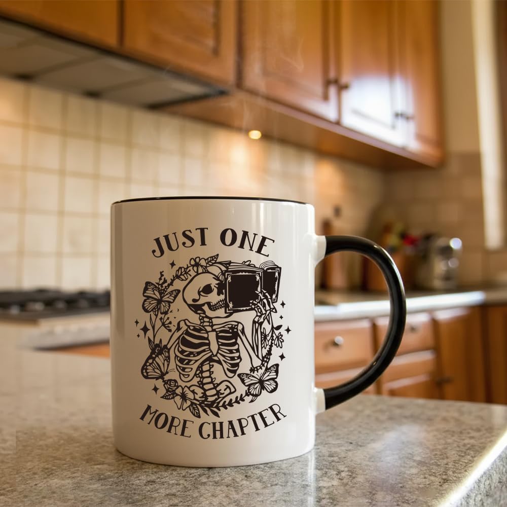 Funny Book Mug for Book Lovers - Just One More Chapter Skeleton Reading Gifts for Women Men Librarian Bookish Book Club Bookworms Readers Teacher Booknerd Friends 11oz