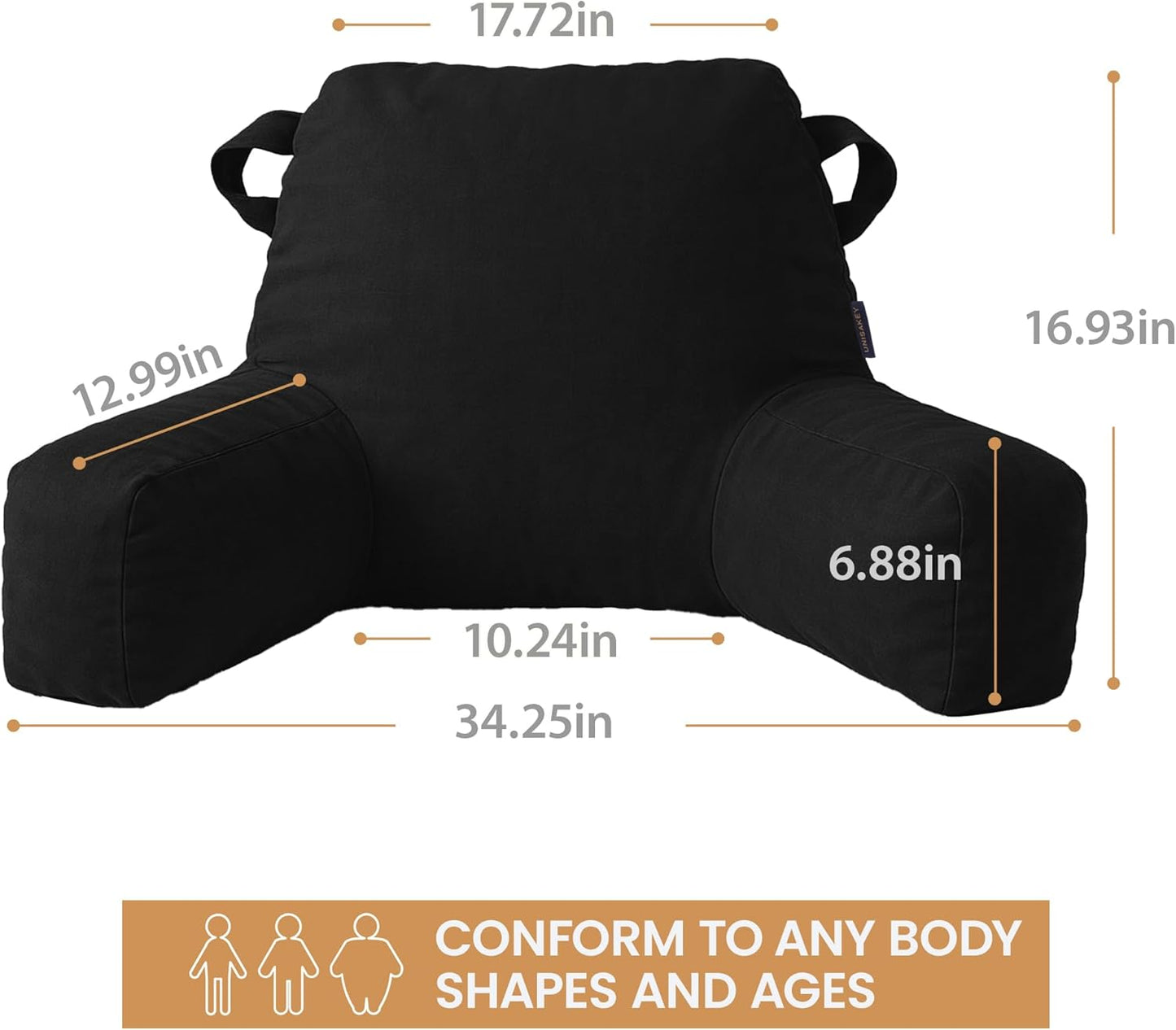 Portable Comfy Reading Pillows for Bed Sitting Up(Black Oeko-Tex), Velvet Back Pillow with Arms & Pockets for Adults, Support Memory Foam Bed Pillow for Dorm/Reading/Watching/Gaming