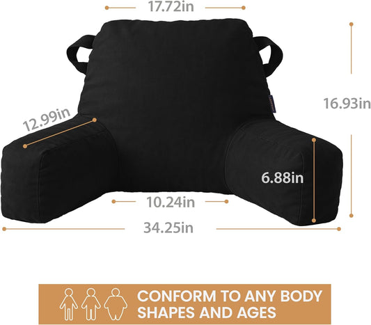 Portable Comfy Reading Pillows for Bed Sitting Up(Black Oeko-Tex), Velvet Back Pillow with Arms & Pockets for Adults, Support Memory Foam Bed Pillow for Dorm/Reading/Watching/Gaming