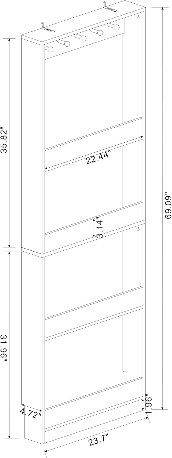 Behind the Door Bookshelf - Ultra Slim Hidden Storage Cabinet for Kids Room | 4-Tier White Wooden Bookcase with Hooks