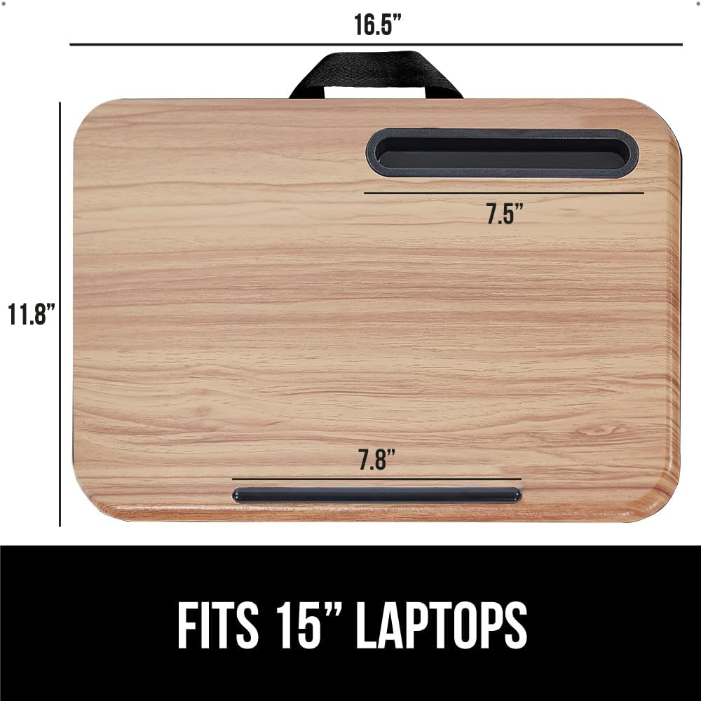 GORILLA GRIP Laptop Lap Desk with Phone Holder, Pillow Cushion Desks Fit Laptops up to 15.6", Gifts for Home, Portable Travel Workstation, Tray Ledge Keep Computers in Place, Light Wood Color