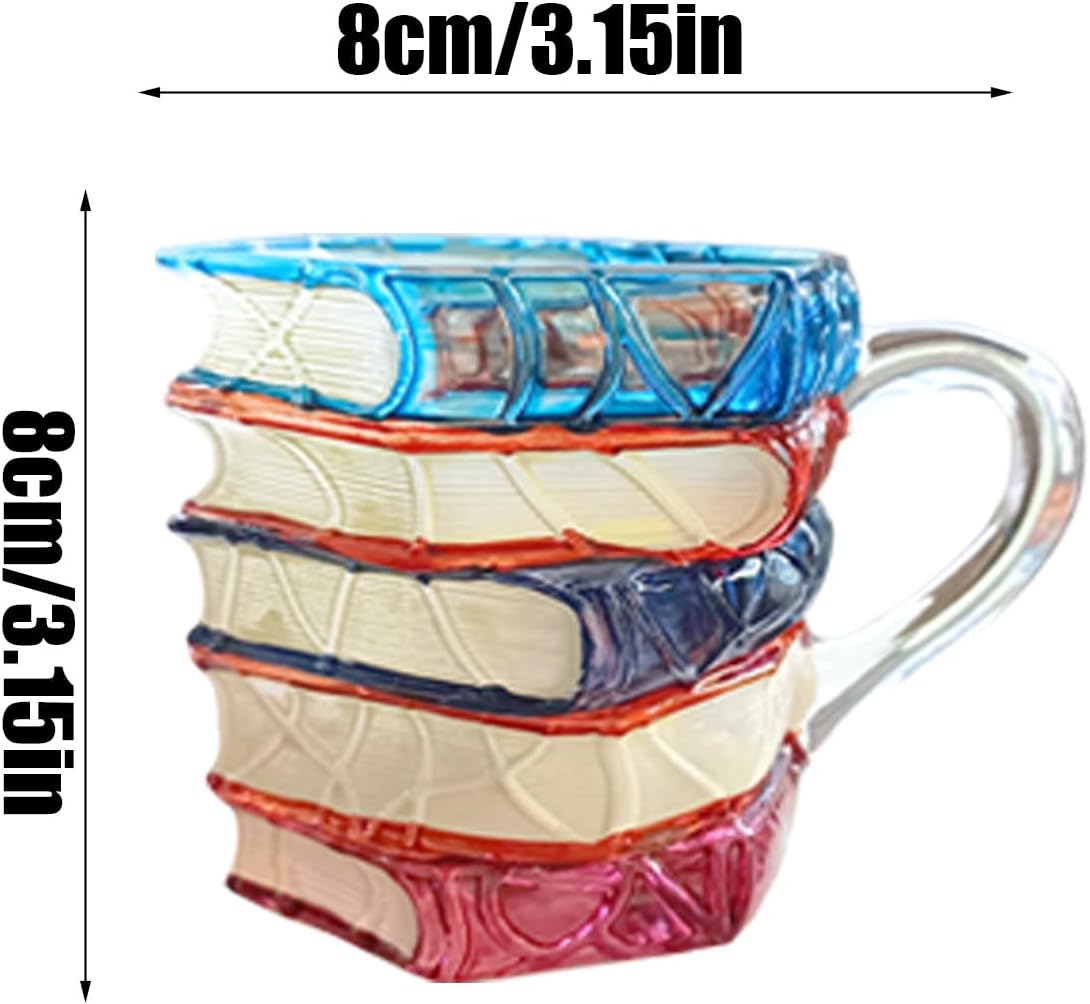 Book Stack Coffee Cup, 300ml 3D Painted Glass Mug Tea Drinkware Stylish Gift for Home, Office, Reading Lovers, Hot Beverages, Everyday Use